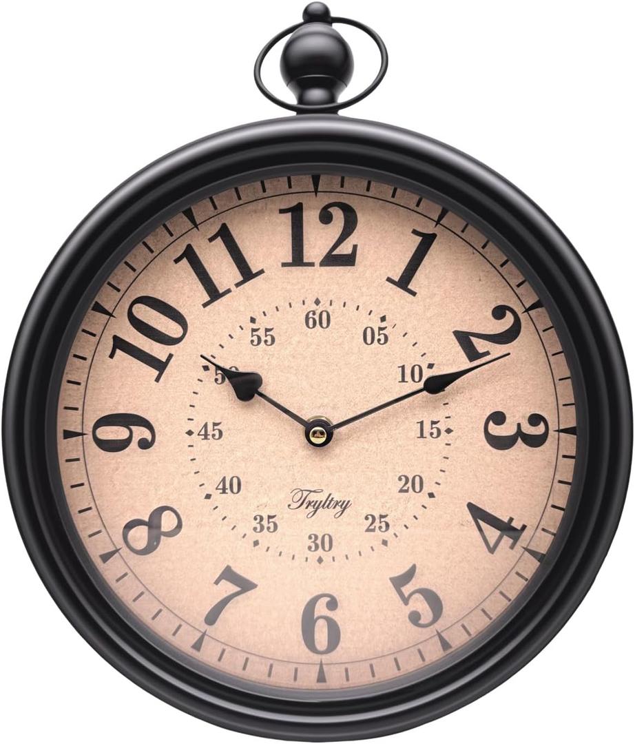 Retro Round Wall Clock Metal Vintage Antique Wall Clocks Battery Operated Old Design Style for Kitchen, Living Room or Office Black Round