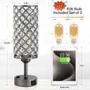 Hong-in Gray Crystal Lamp Touch Control Set of 2, Crystal Table Lamps with USB C+A Ports & AC Outlet, 3-Way Dimmable Nightstand Touch Lamp, Modern Bedside Table Lamp for Bedroom(Bulbs Included)