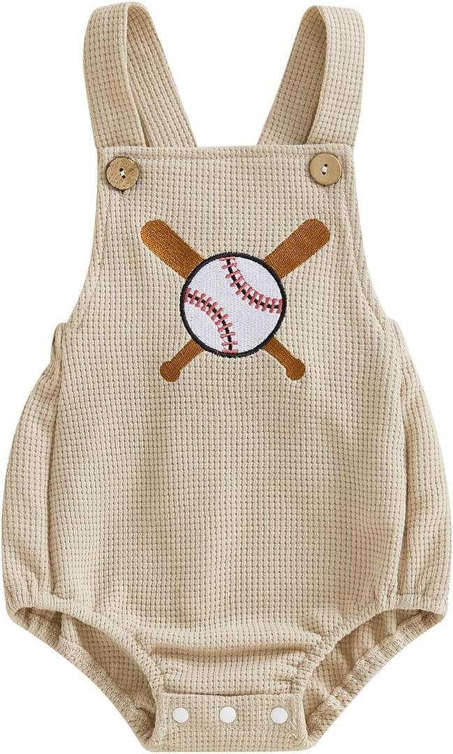 VSQWLZT Newborn Infant Baby Boy Summer Outfits Sleeveless Strap Romper Waffle Bodysuit One Piece Golf Onesie Clothes (Ivory Baseball, 3-6 Months)