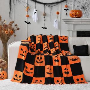 Halloween Pumpkin Throw Blanket - Checkerboard Pattern with Spooky Pumpkin Faces - Soft Flannel Cozy Blanket for Couch, Bed & Fall Decor - Horror Style Halloween Blanket (50"x60")