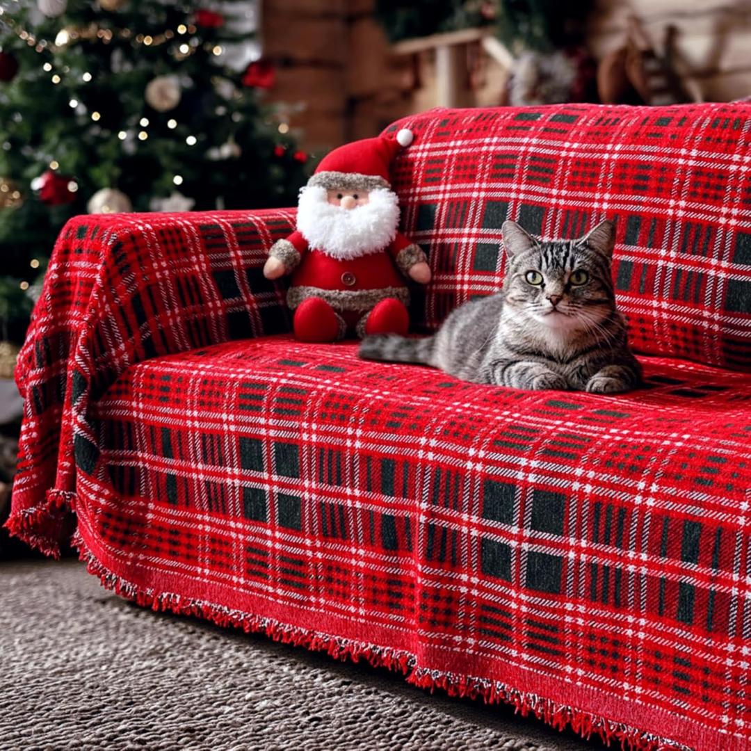 Christmas Couch Cover 71"x 118"Green and Red Plaid Sofa Covers for 3 Cushion Couch Covers with Tassel Farmhouse Protector for Christmas Decorations Sofa Throw Cover