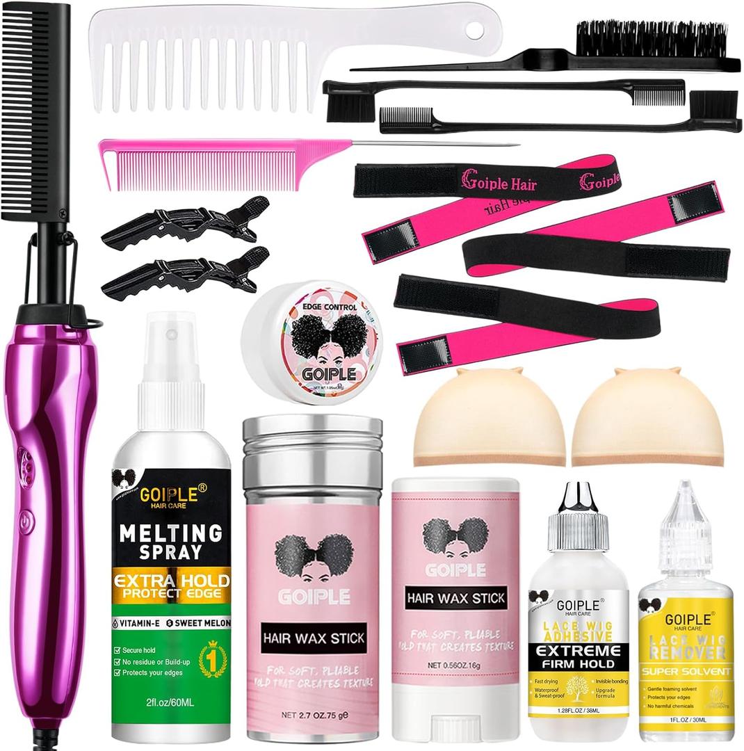 Hot Comb Hair Straightener Set for Lace Front Wigs - Heat Pressing Combs Ceramic Curling Flat Iron Electric Hot Comb for Wigs - Hair Straighteners Straightening Comb for Women Wig Installation Kit (Rose Red)