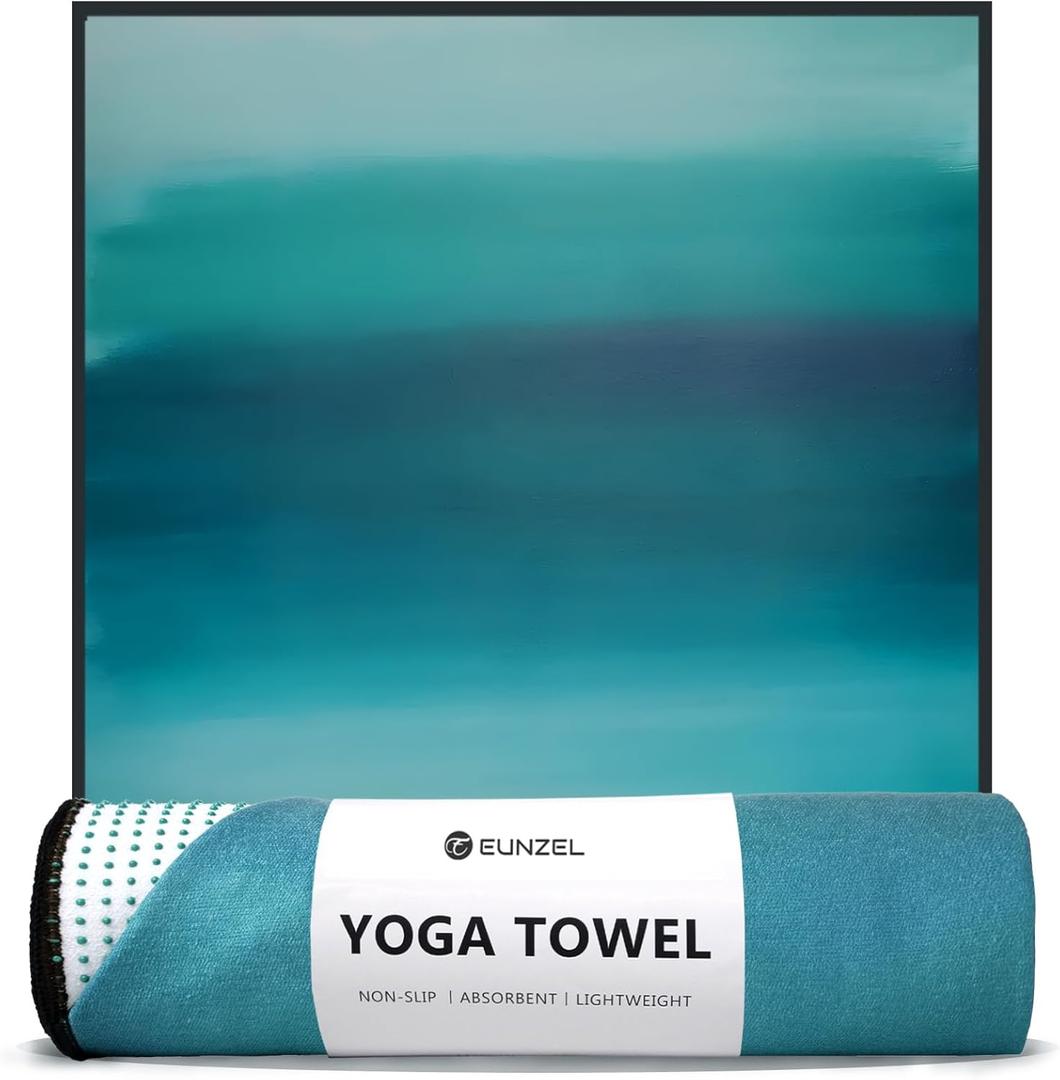 Eunzel Hot Yoga Towel, Non Slip Yoga Mat Towel Sweat Absorbent Printed Yoga Towel with Grip Dots for Hot Yoga, Pilates and Workout 72"x 24", Teal Flow
