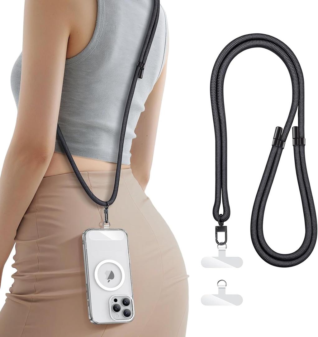 SSLOTSCASE for Phone Lanyard Crossbody with 2X TPU Clear Tabs, Adjustable Anti Theft Strap, Premium Metal Buckles, Comfortable Universal Neck Wrist Lanyard for Travel Outdoor, Black