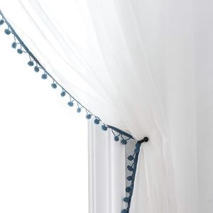 MISS SELECTEX Linen Look Pom Pom Tasseled Sheer Curtains - Rod Pocket Voile Semi-Sheer Curtains for Living and Bedroom, Set of 2 Curtain Panels (52 x 63 inch, White Sheer & Dusty Blue Pom Poms)
