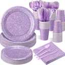 Hushee 175 Pcs Pastel Purple Holographic Print Party Supplies Guests Disposable Dinnerware Set Include Paper Plates, Napkins, Cups, Plastic Cutlery for Wedding Birthday Disco Bachelorette