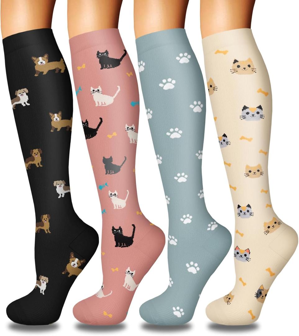 4 Pairs Compression Socks for Women Circulation-Best Support for Nurses,Running,Athletic,Travel (Small-Medium,Black/Pink/Blue/Light Yellow)
