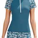 Girls Rash Guard Swimsuit Short Sleeve Color Block 2 Piece UPF 50+ Sun Protection Girls Bathing Suit 15-16