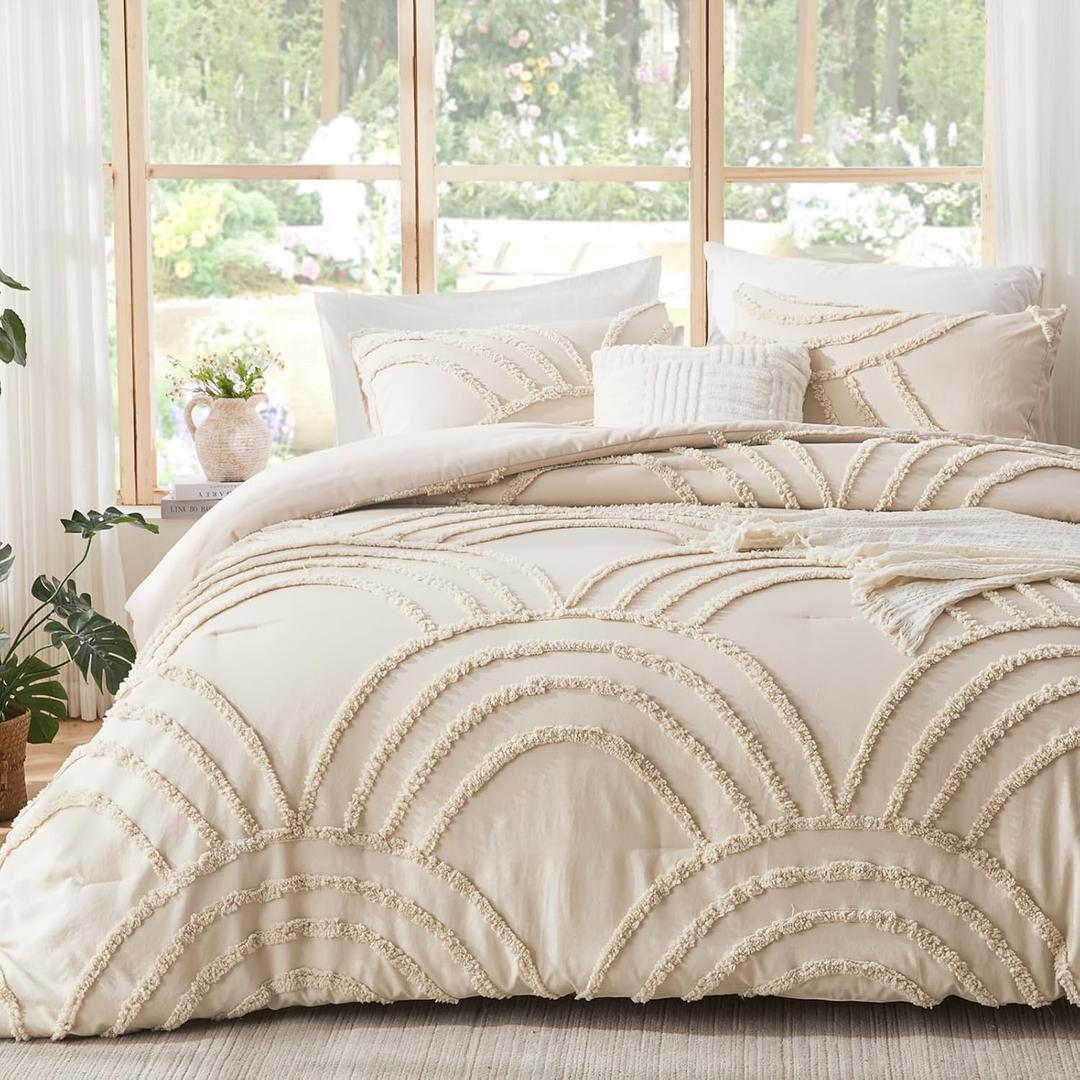 ENJOHOS Boho Queen Comforter Set Beige Tufted Rainbow Bedding for Queen Size Bed, Boho Chic Decor, 3 Pieces Lightweight Fluffy Soft Microfiber Cream Comforter with 2 Pillow Cases for All Season