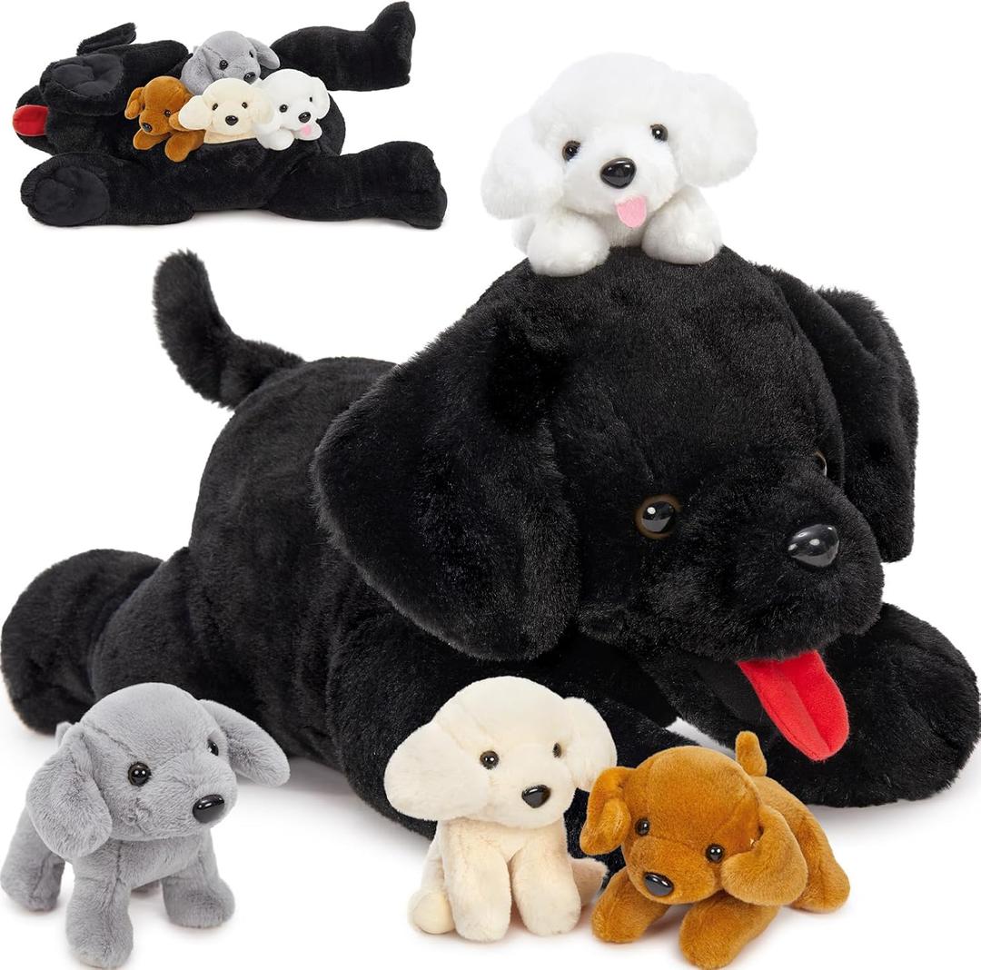 MorisMos Mommy Dog Stuffed Animal with Puppies Inside, 21" Dog Plush Toy Set Black Labrador Stuffed Animal with 4 Baby Puppies, Interactive Stuffed Dog Plush for Kids Girls Boys Birthday