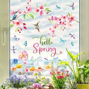 Yovkky Hello Spring Dog Cat Window Clings 9 Sheets, Pet Golden Retriever Puppy Kitty Daisy Flower Blue Truck Farmhouse Stickers Decals Decor, Floral Eucalyptus Butterfly Home Kitchen Decorations