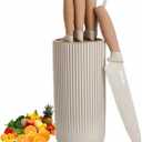 Kitchen Knife Set. 6-Pieces Luxury Wooden Coating, Light Wood Grain Handle, Stainless Steel Non-Stick Sharp Blade Chef Knife Set with Cylindrical Knife Block for Gift (Khaki)