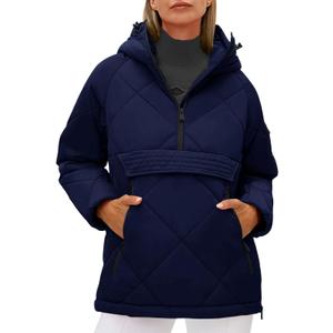 Cicy Bell Women's Quilted Puffer Pullover Jackets Oversized Half Zip Puffy Hooded Outerwear Warm Winter Coats (Large, Navy)