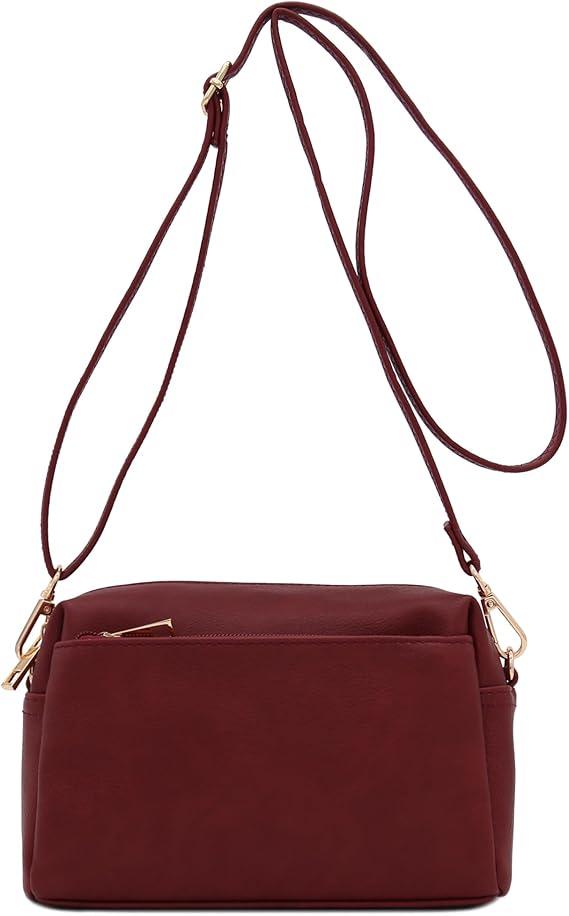 FashionPuzzle Triple Zip Small Crossbody Bag (Burgundy)