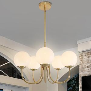 HuisMier Modern Globe Glass Chandelier, 5 Lights Mid Century Brushed Brass Pendent Light Fixture, Height Adjustable Vintage Sputnik Chandelier for Kitchen Island Dining Room