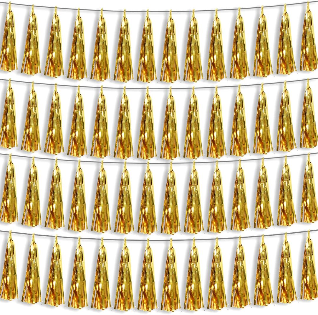 4P Gold Foil Fringe Metallic Tassel Streamers Banner Tassel Garland for Parade Floats, Bachelorette, Wedding, Birthday, Halloween, Christmas, Bridal/Baby Shower Party Decorations