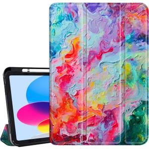 Hi Space for iPad 10th Generation Case 10.9 inch 2022 with Pencil Holder, Paint Pigment Graffiti Doodle Art Trifold Protective Shockproof Cover foriPad 10th Gen Auto Sleep Wake for A2757 A2777