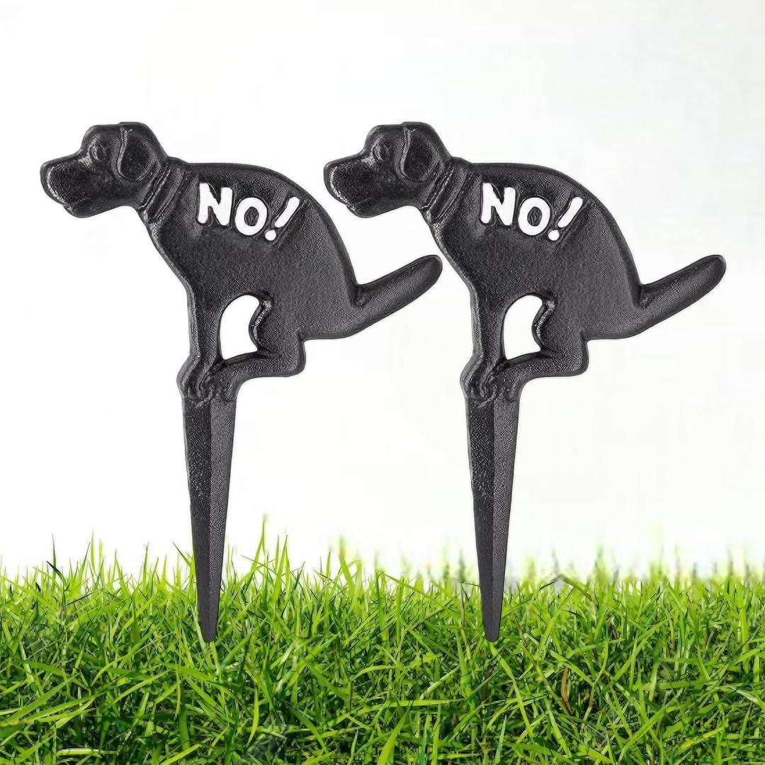 No Pooping Yard Sign - 2 Pack Cast Iron No Dog Poop Signs, Keep Dogs Off Grass - Black