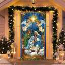 2 x Merry Christmas Door Cover 71x35 Inch Front Porch Door Banners Decoration Winter Nativity Scene Angels Baby Jesus Lambs Religious Christmas Style for Sign Party Decor