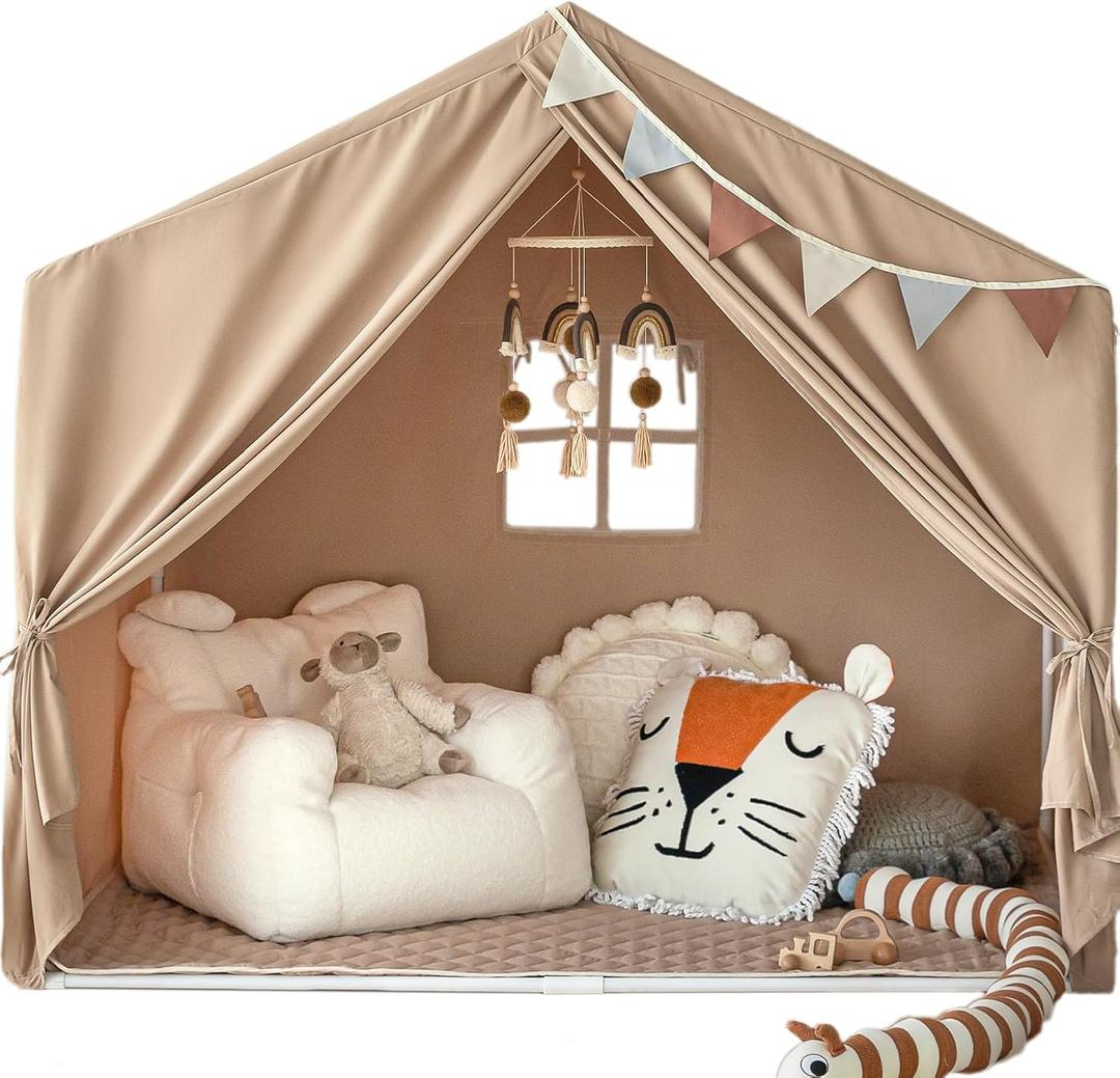 Razee Kids Play Tent with Mat, Large Playhouse Tent Indoor, Play House Kids Tent Castle Tent for Girls Boys, Play Cottage (Khaki)