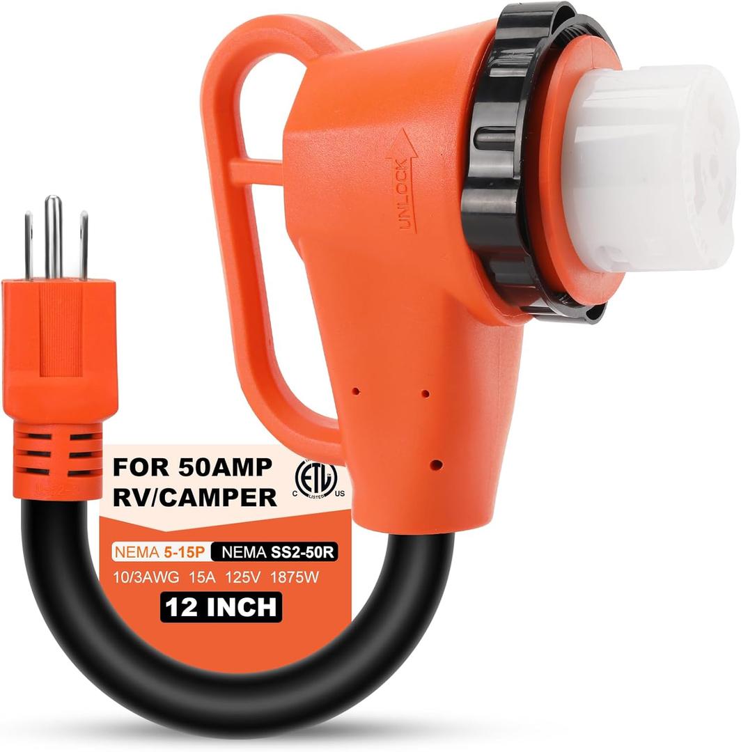 50 Amp to 110 Volt RV Adapter Plug with Locking Connector, NEMA 5-15P to NEMA SS2-50R Electrical Power Adapter with Upgraded Grip Handle, ETL Listed,