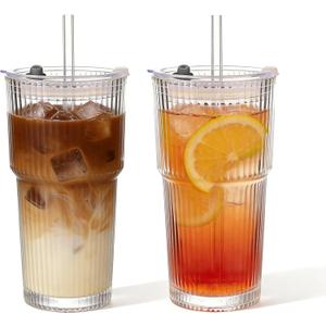 18oz Ribbed Glass Tumbler with Lids & Straws, Set of 2 -Vintage Ribbed Iced Coffee Cups, Reusable Smoothie & Cocktail Drinking Glasses - Perfect for Daily Use & Travel