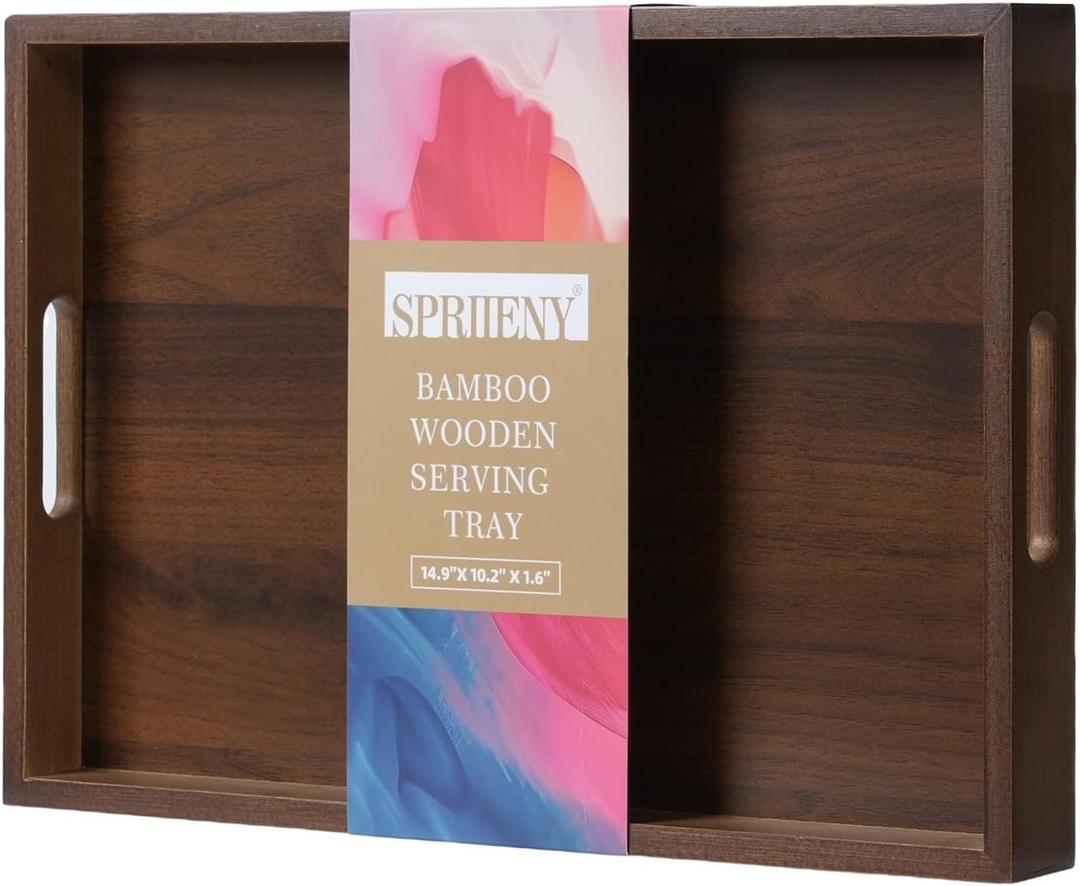 14.9''x10.2''x1.57'' Bamboo Wooden Tray with Handles, Rectangular Natural Solid Wood, Walnut Dark Brown Color Serving Tray.Suitable for Kitchen,Bedroom,Breakfast,Coffee,Decorative,Party Bars.