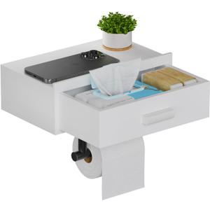 Toilet Paper Holder with Shelf,Wall Mount/Self Adhesive White Toilet Paper Holder,Wipes Dispenser for Bathroom,Wood Toilet Roll Holder with Storage Drawer