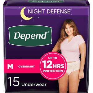 Depend Night Defense Adult Diapers, Incontinence & Postpartum Bladder Leak Underwear for Women, Disposable, Overnight, Medium, Blush, 15 Count
