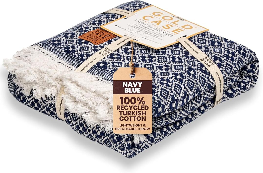Gold Case Throw Blanket for Couch  100% Recycled Turkish Cotton Blankets & Throws  Elegant Decorative Throw Blankets for Living Room Sofa  Woven Throws for Couch  Retro Navy Blue  50x60