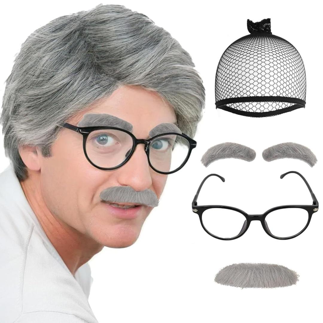 4 Pcs Set Old Men Wig (2 Eyebrows+1 Mustache+1 Glasses+1 Wig Cap) 100 Days of School Wigs Grandpa Costume Accessory Kit Short Sliver Grey Hair Wigs Men for Costume Halloween Party+Hair Cap (gray)