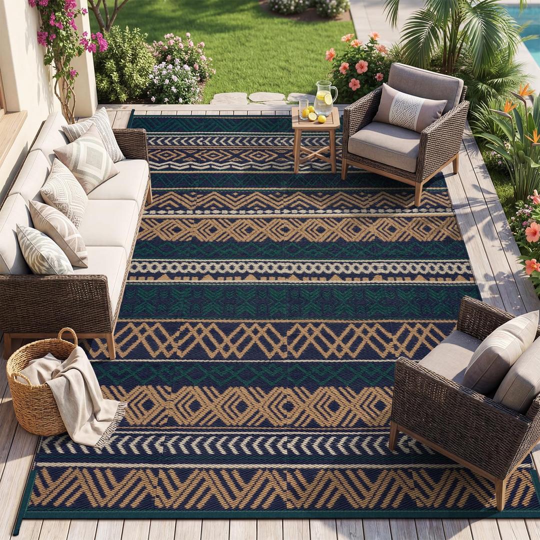 MontVoo Outdoor Rug Carpet Waterproof-Patio Rug Mat 8x10 Reversible RV Outdoor Camping Rugs Picnic Beach Mats Plastic Straw Outside Rugs for Balcony Porch Pool Deck Boho Patio Decor