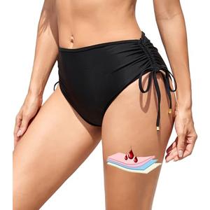 Leoparts Period Swimwear for Women Teens Black Leakproof Swim Bottoms High Waist Side Drawstring Menstrual Swimsuit Bottoms, Size: M