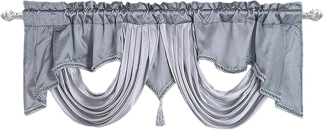Grey Valance for Windows Short Curtains Swag Tassel Decorative Waterfall Drapes Vintage Window Treatment Topper for Living Room Kitchen Cafe 55x18 Inch