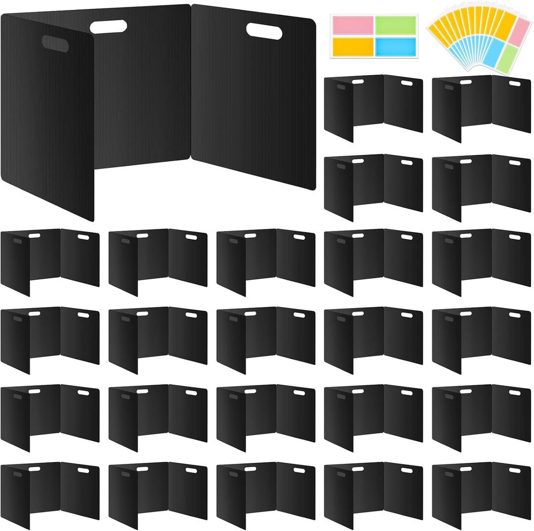 24 Pack Privacy Folders for Students - Durable & Waterproof Plastic Study Desk Dividers,Test Dividers for Classroom,Easy to Clean Privacy Shields & Boards - Includes Extra 48 Labels (Black)