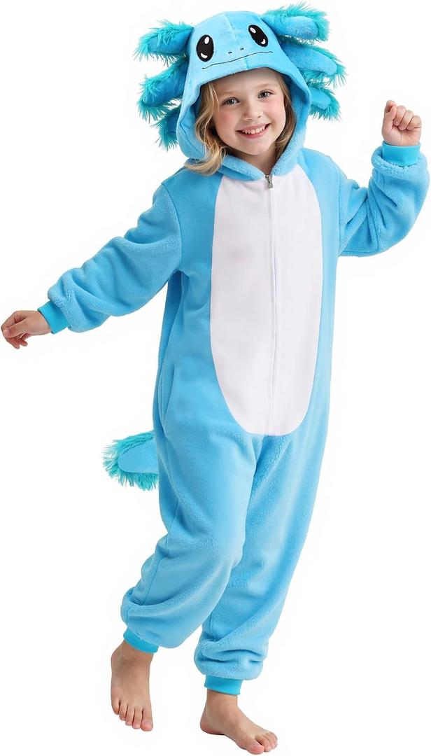 Gorkonpy Axolotl Costume Kids Girls Animal Onesie Pajamas Halloween Party Dress Up (Blue, 6-7 Years)