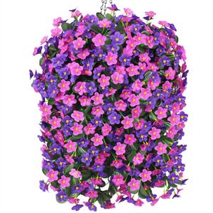 Artificial Faux Hanging Flowers Plants Basket for Outdoor Outside Porch Decoration, UV Resistant Fake Silk Purple and Red Morning Glory Trailing Vines Realistic for Summer Home Balcony Yard Patio