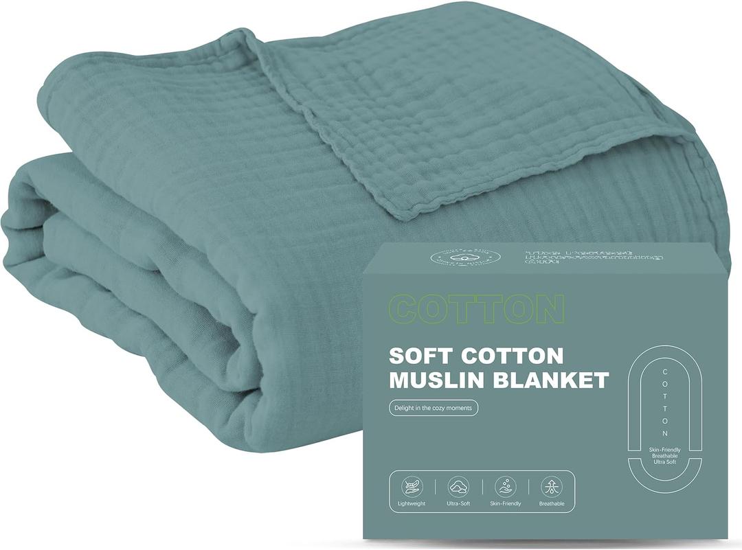 Cosy Family 100% Cotton Muslin Bed Blanket - Breathable and Lightweight Gauze Boho Blanket for Spring, Green, 80x90 Inches (4 Layer - 80x90in)