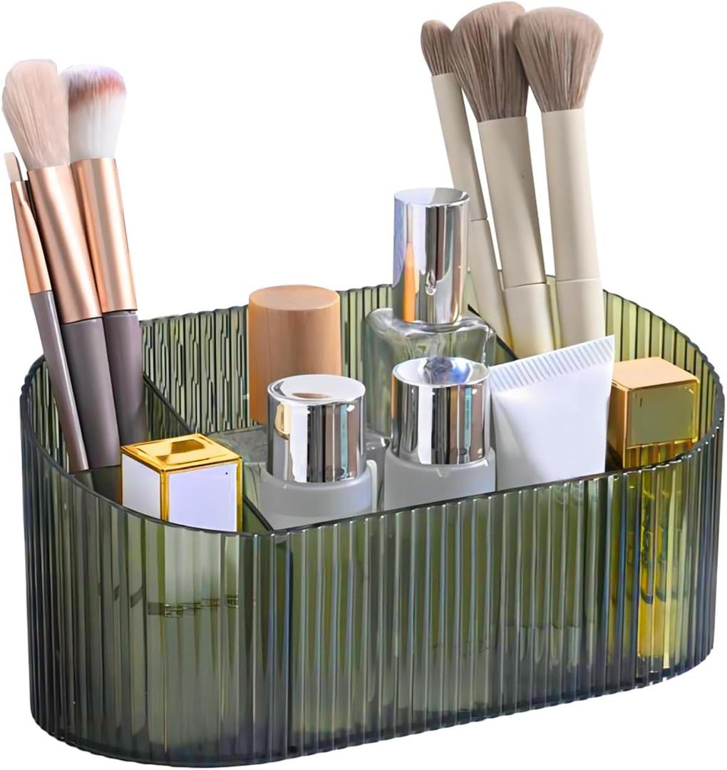 DASITON Large Capacity Makeup Brush Holder,5 Slot Makeup Brush Holder,Vintage striped Make Up Brush Holder,for Vanity Decor,Bathroom Countertops,Desk Storage Container,Cosmetic Display cases(Green)