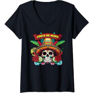 Womens Cinco De Mayo Skeleton Sombrero Mexican Sugarskull V-Neck T-Shirt (Small, Black)