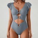 B2prity Women One Piece Swimsuit Tummy Control Ruffle Sleeve V Neck Bathing Suit Cutout Sexy High Waisted Monokini, 2XL