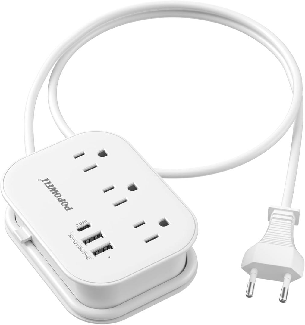 European Travel Plug Adapter,Travel Power Strip with 3 Outlets & 3 USB(3.4A), Type C US to EU Plug Adapter, International Power Adapter with 3 FT Extension Cord for Germany Italy Spain France White. (02-White 17W)