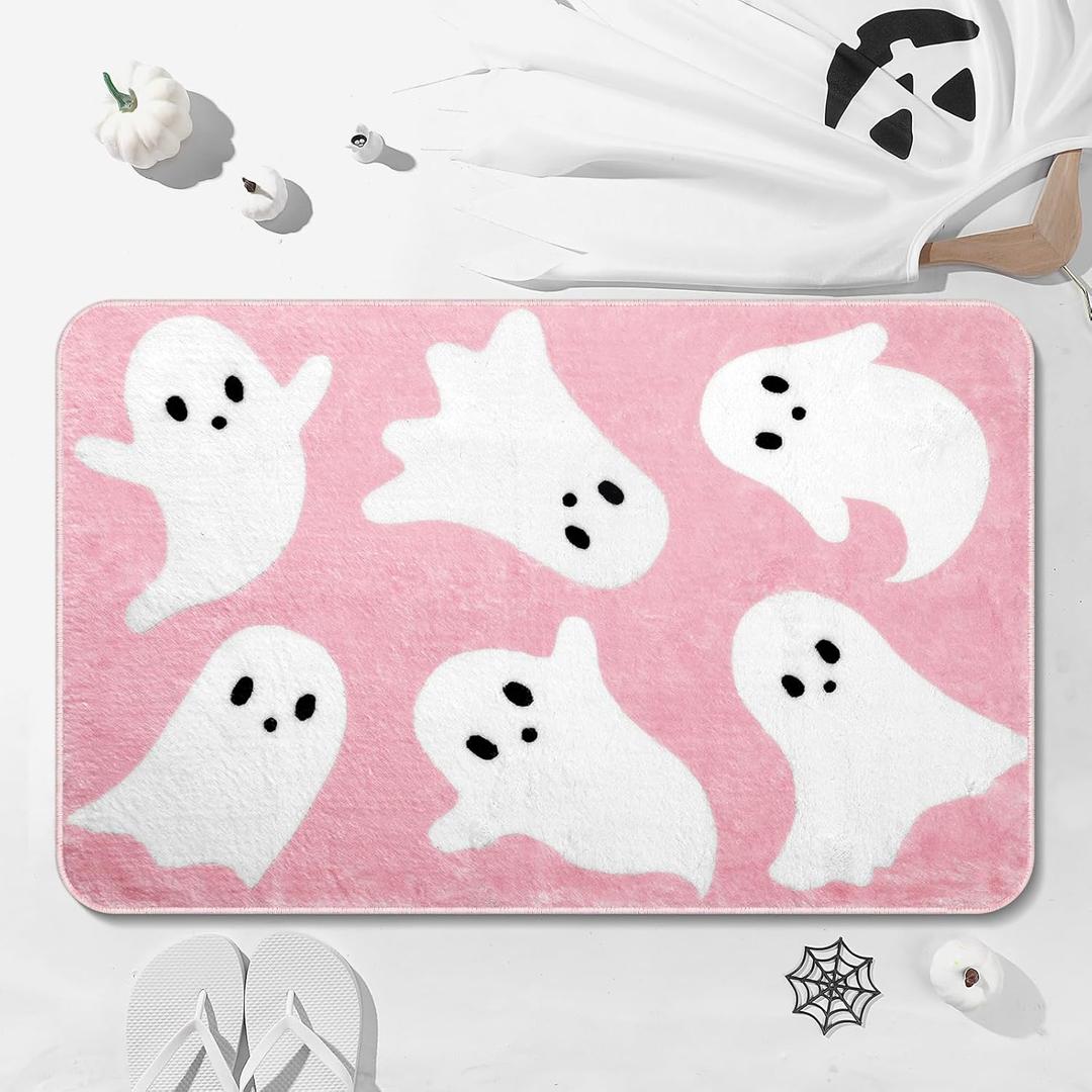 Tinideya Halloween Ghost Bathroom Rug 20 x 32 Inch Cute Spooky Halloween Bathroom Decor Non Slip Bath Mat Machine Washable Ghost Shower Floor Mat for Bath Home Decor(Pink, White)