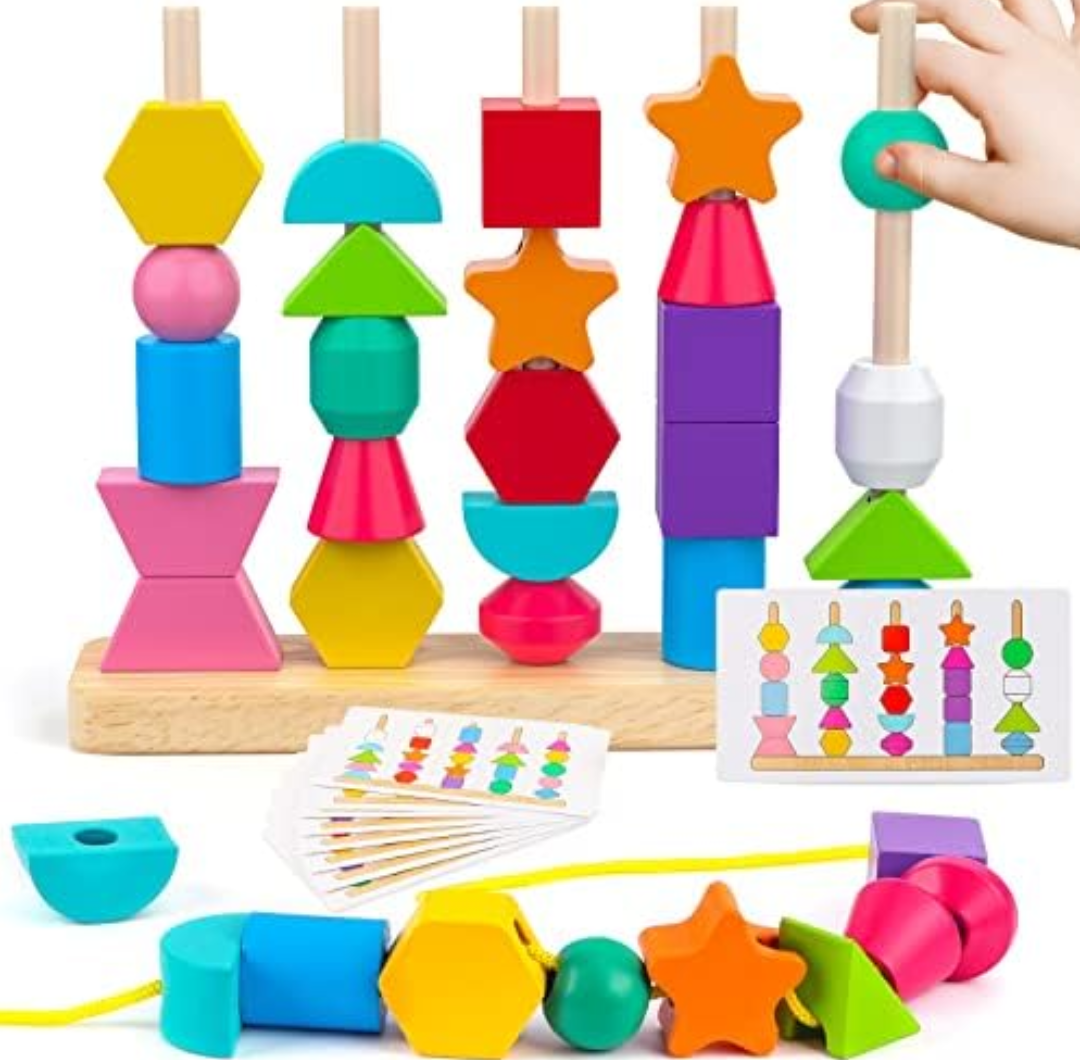 Montessori Wooden Beads Sequencing Toy Set, Stacking Blocks & Lacing Beads & Matching Shape Stacker for 2 3 4 5 Year Old STEM Preschool Learning Montessori Toys Gifts for Kids Boy Girl Toddler (Set Of 2)