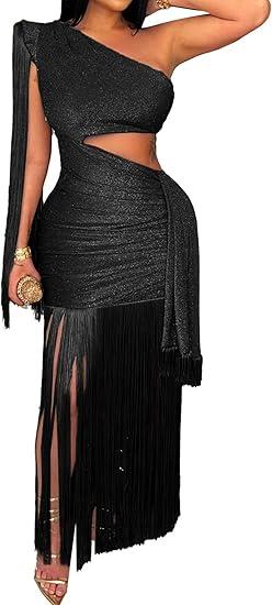 Geulis Womens Sexy Wedding Guest Dress Elegant One Shlouder Fringe Dress Flowy Bodycon Sparkly Glitter Evening Dresses, Medium