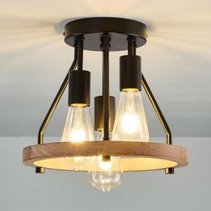 3-Light Wood Semi Flush Mount Ceiling Light Fixture Metal Rustic Ceiling Light Industrial Farmhouse Chandelier for Hallway Entryway Bedroom Kitchen Foyer Passway Balcony (Black)