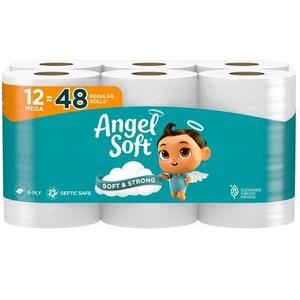Angel Soft Toilet Paper, 12 Mega Rolls = 48 Regular Rolls, Soft and Strong Toilet Tissue
