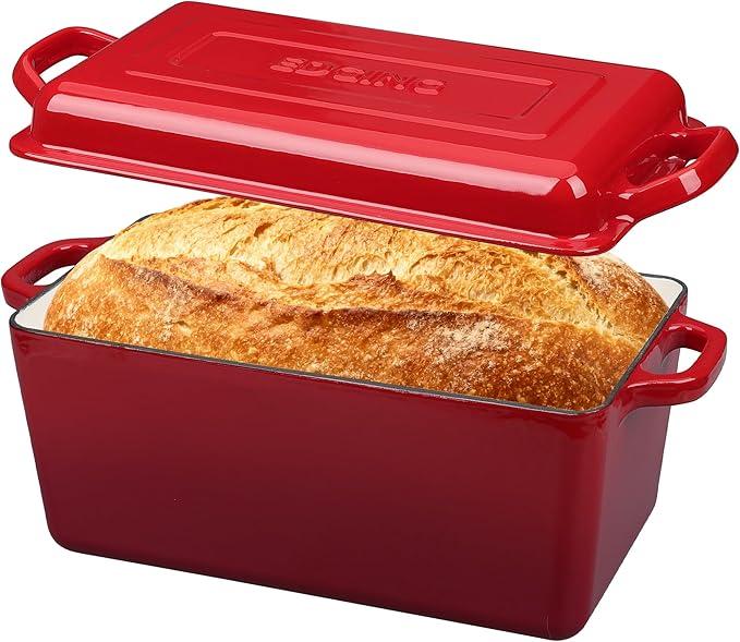 EDGING CASTING Enameled Cast Iron Dutch Oven, Oblong Bread Oven for Sourdough Bread Baking, Baking Pan, Dual Handles, Oven Safe, 4 Quart, Red