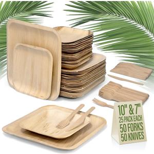Compostable Square Palm Leaf Plates 10 Inch & 7 Inch (25 Each) with 50 Forks & 50 Knives  Like Bamboo Plates, Disposable Party Plates, Biodegradable, Eco-Friendly, Microwave & Oven Safe Compostable Square Palm Leaf Plates 10 Inch & 7 Inch (25 Each) with 50 Forks & 50 Knives  Like Bamboo Plates, Disposable Party Plates, Biodegradable, Eco-Friendly, Microwave & Oven Safe