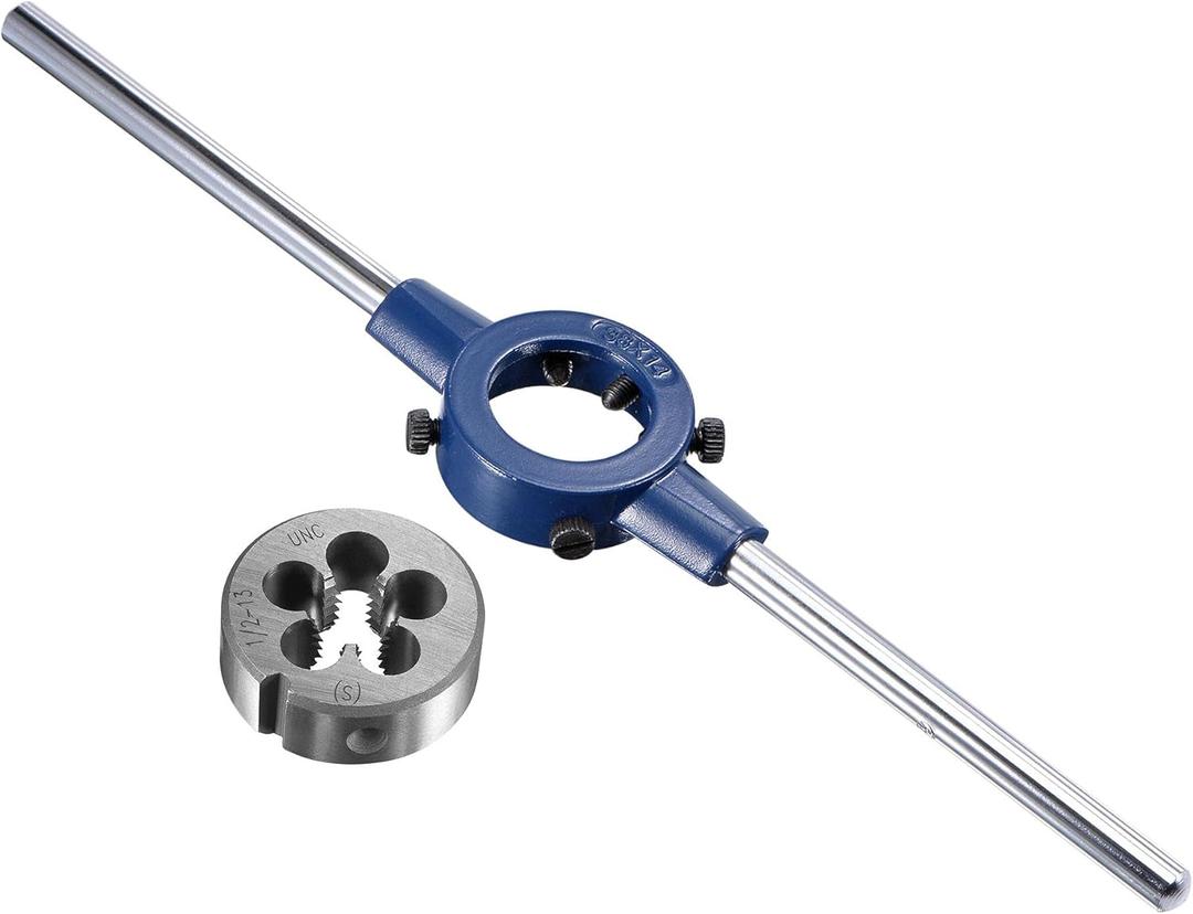 uxcell Round Die Stock Handle Wrench Set, 1/2-13 UNC Threading Die and 38mm (1-1/2") Die Holder (Fits: 26mm-38mm OD Die / M12-M16 Thread Die) Adjustable for Bolt Thread Repair
